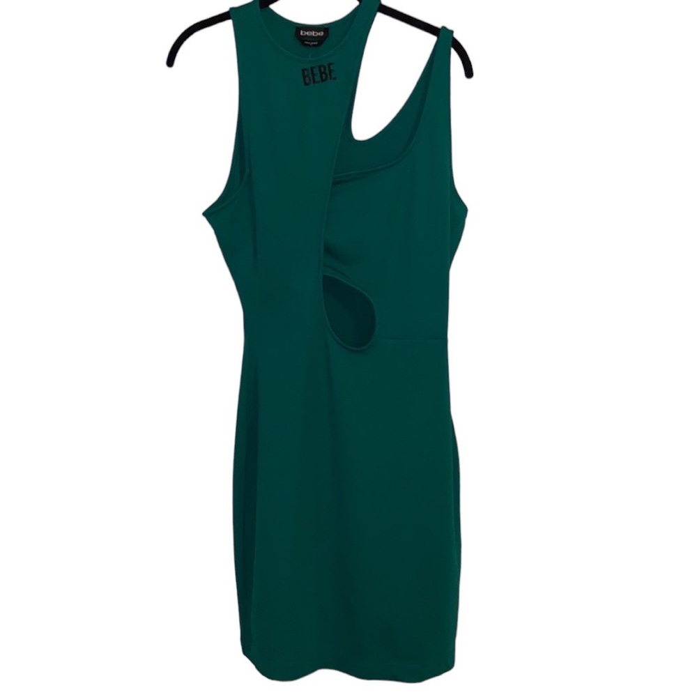 Bebe Dress NWT cutout high neck mini Size small Green logo front